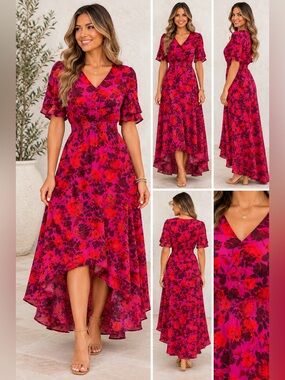 Abel the Label Floral Print High Low V-Neck Short Sleeve Dress size small